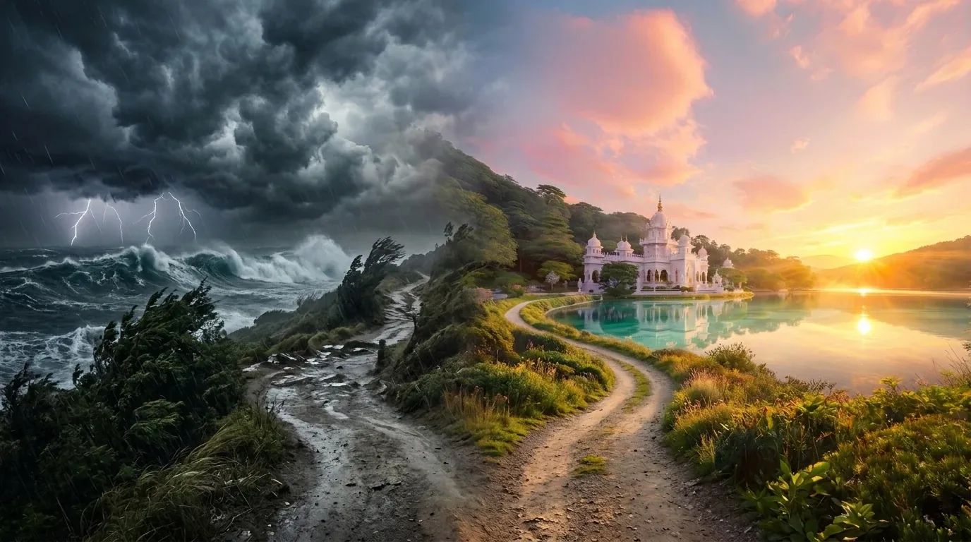 Een kustpad: links een donkere storm met bliksem en woeste golven, rechts een witte tempel bij een kalm meer in de avondzon