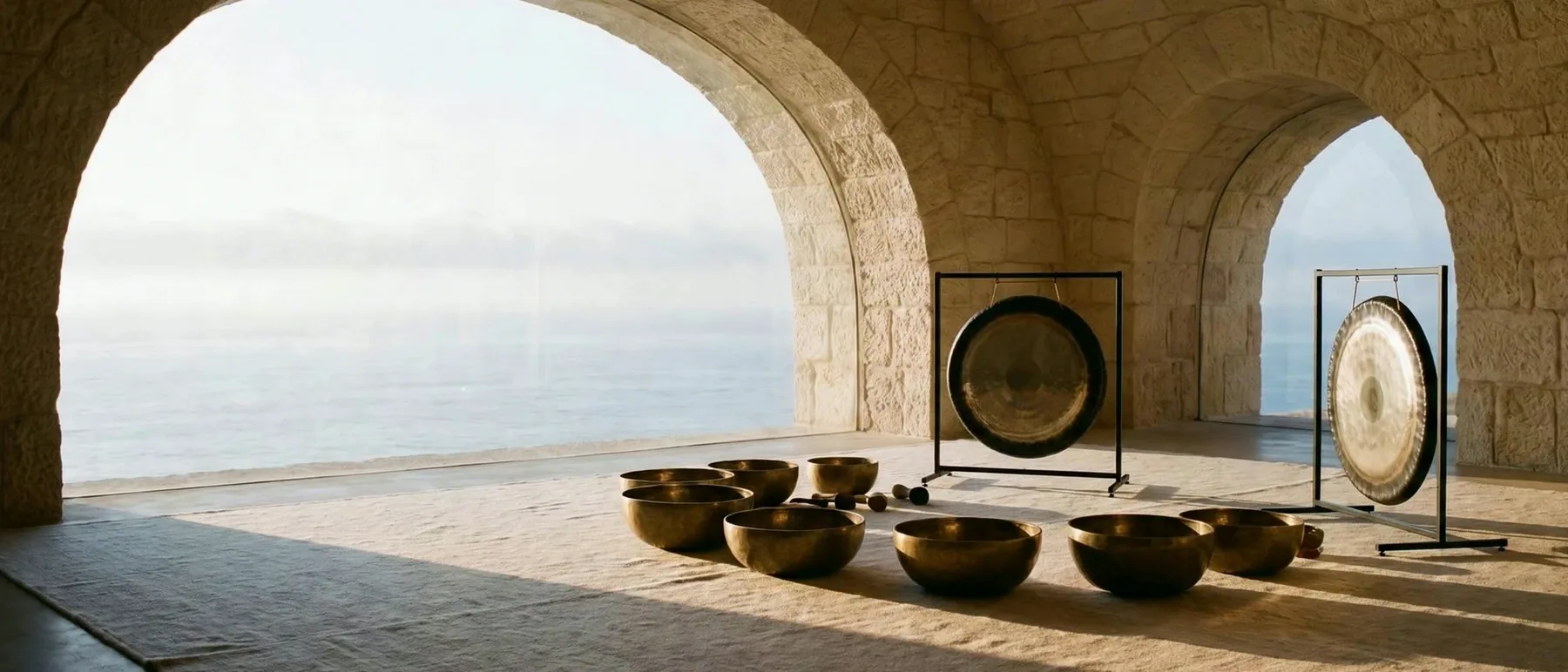 A vaulted limestone sanctuary at dawn: a circle of bronze singing bowls and two gongs facing an open arch above the sea