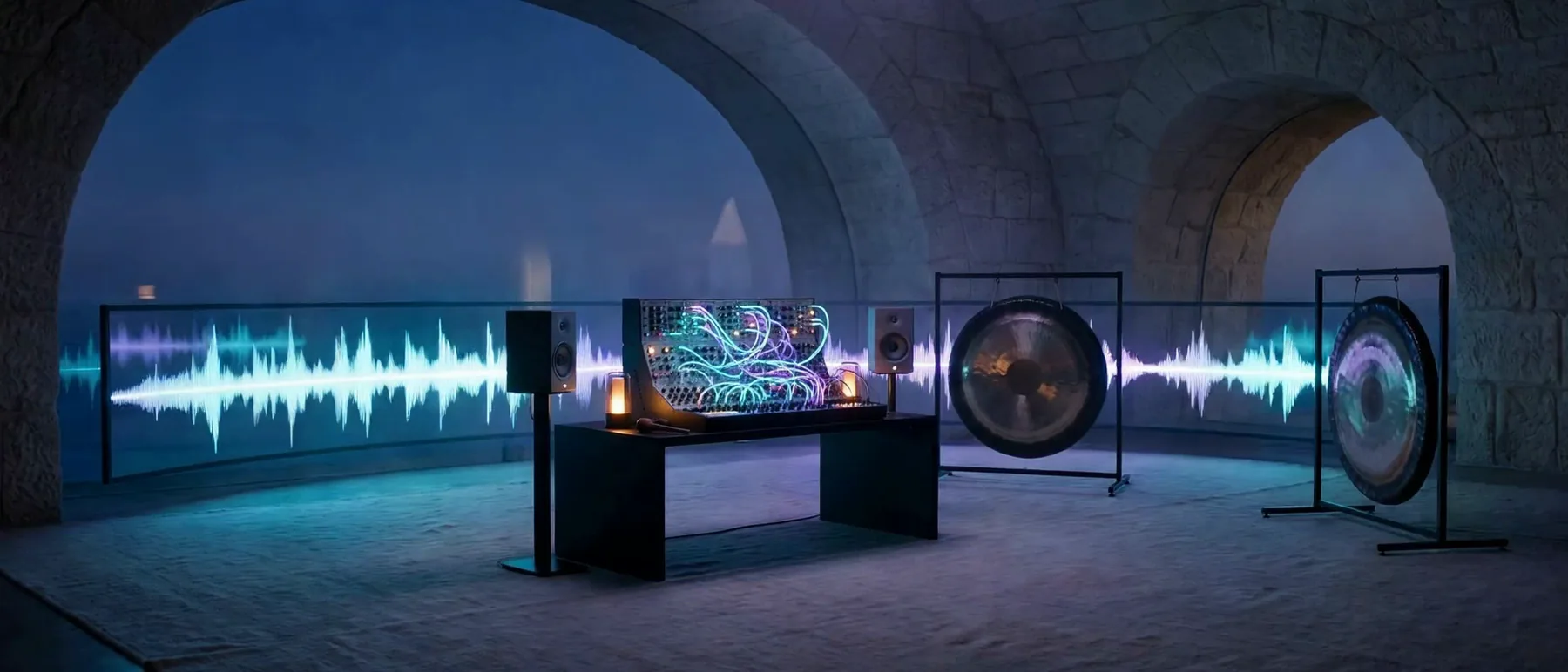The same sanctuary at night, transformed into a frequency-music studio: a modular synthesizer glowing beside the gongs, a luminous waveform spanning the room