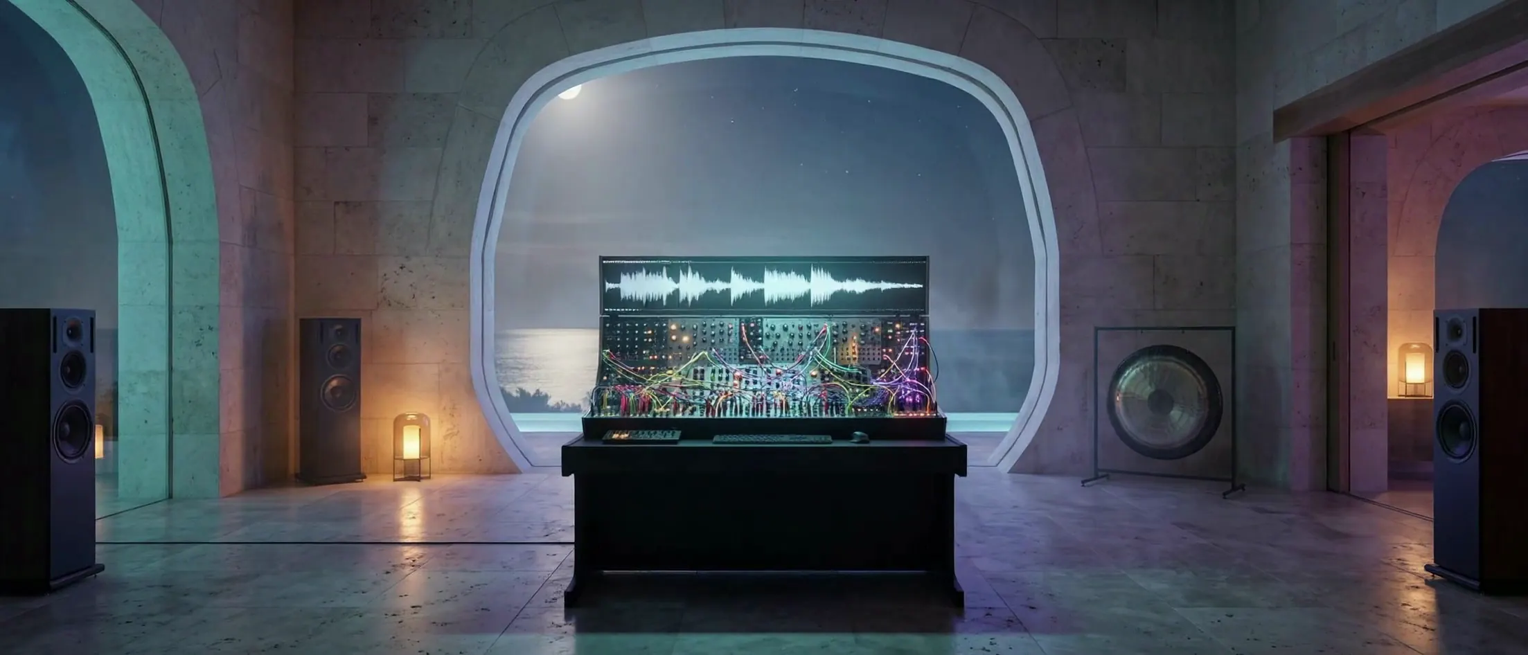 A frequency-music studio at night: a modular synthesizer glowing beside gongs in a vaulted stone room